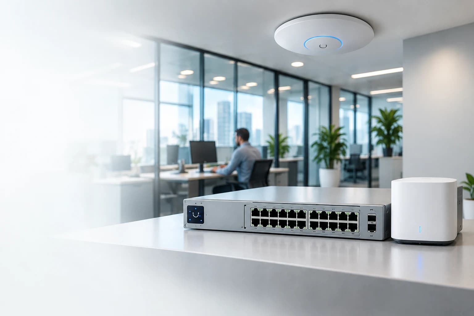Cena ilustrativa de escritório conectado, com ponto de acesso Wi-Fi, switch e gateway sobre uma bancada