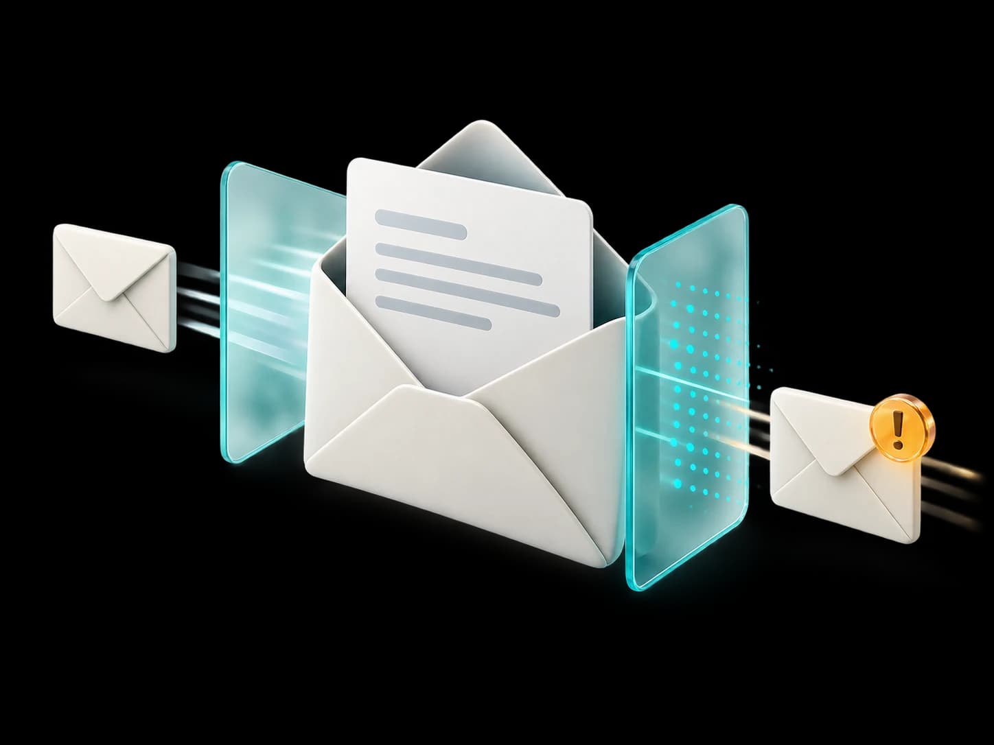 Ilustração conceitual de mensagens de e-mail passando por camadas de análise, com destaque para uma mensagem suspeita
